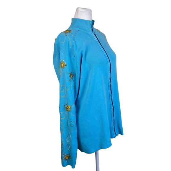 Quacker Factory Vtg 90s Holiday Cardigan With Star Appliquè Turquoise & Gold - Picture 4 of 16